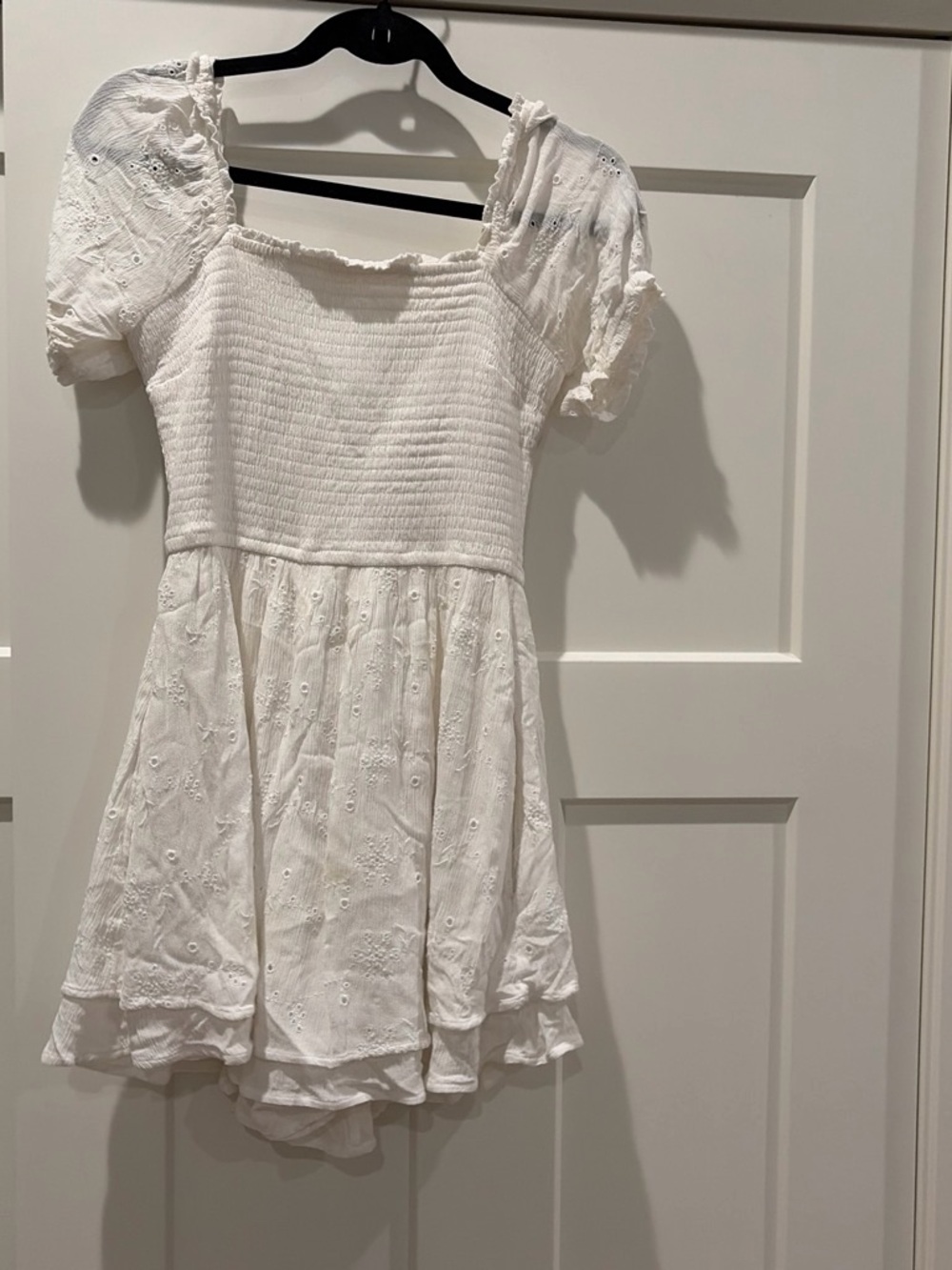 Hollister White Eyelet Smocked Mini Dress with Puff Sleeves